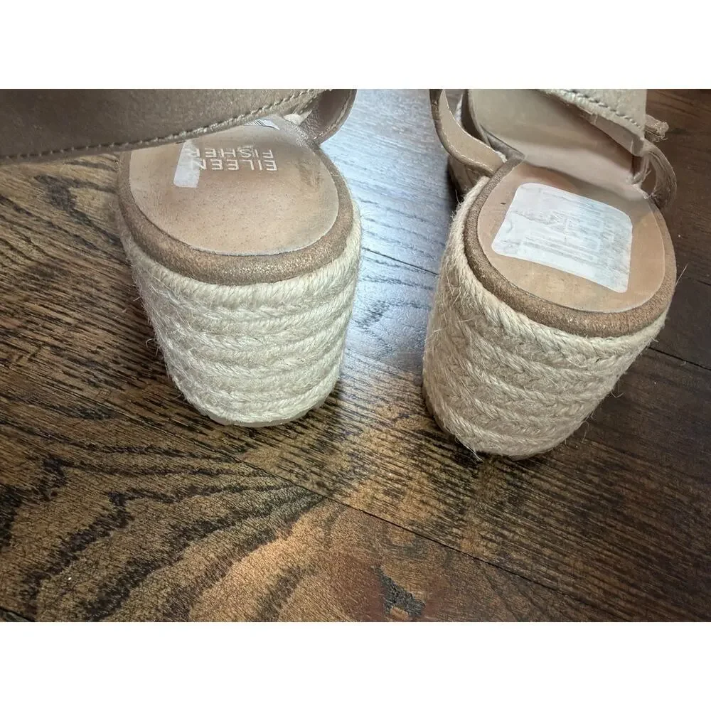 Eileen Fisher Nessa Espadrille Wedge Suede Leather Sandals Tan Beige Size 10 NEW